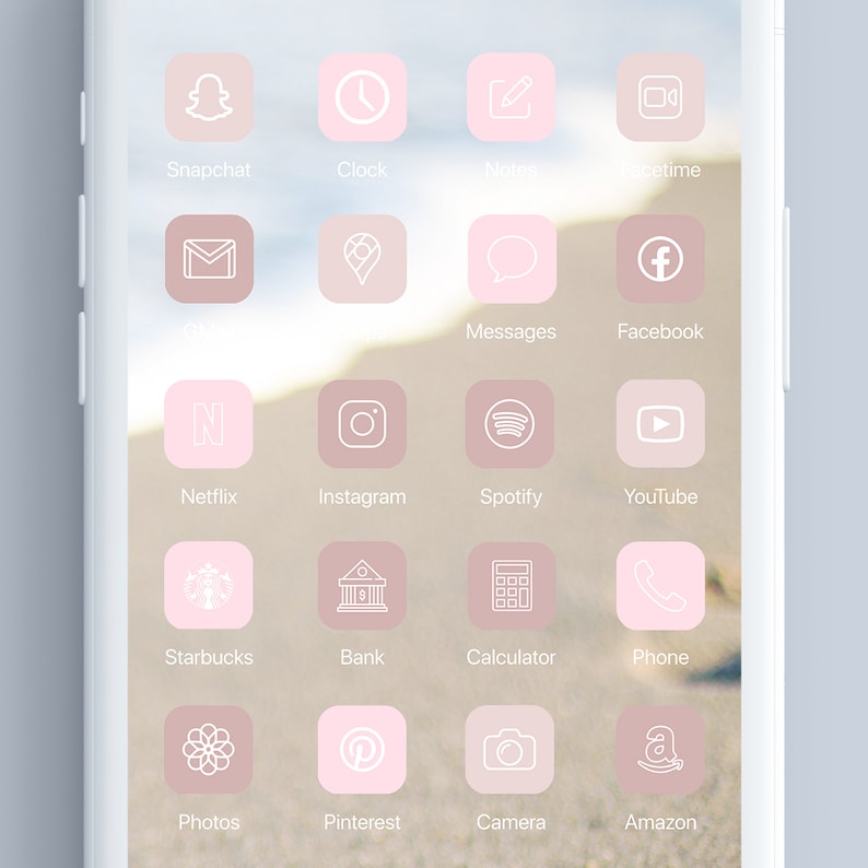 May include: A pink and white phone screen with app icons for popular social media, communication, and entertainment apps. The icons are arranged in a grid pattern and feature simple white outlines on a pink background.