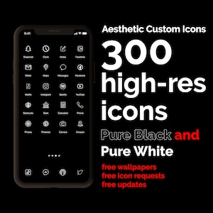 Puede incluir: Una imagen en blanco y negro de un teléfono inteligente con un fondo negro y iconos blancos. El texto "Aesthetic Custom Icons 300 high-res icons Pure Black and Pure White free wallpapers free icon requests free updates" se muestra en blanco sobre un fondo negro.