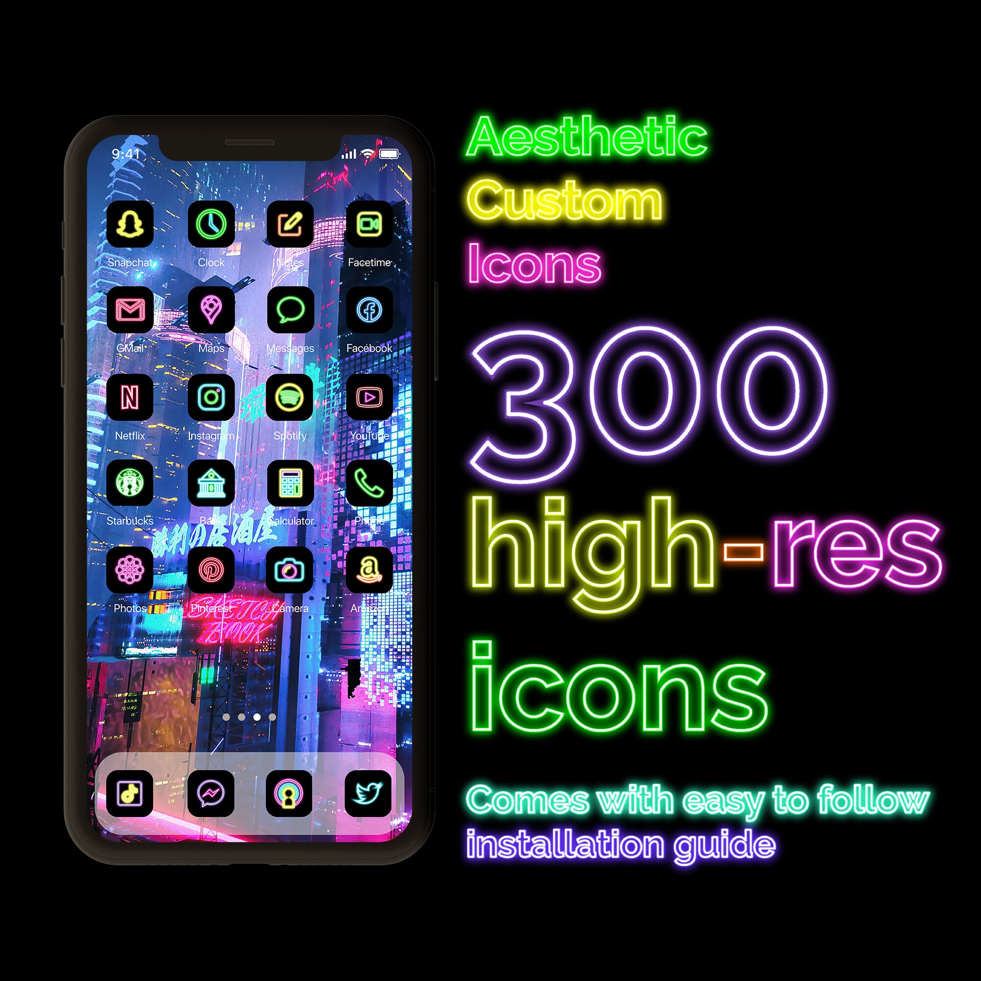 Neon Rainbow Cyberpunk 300 Aesthetic Custom App Icons Pack Etsy - neon rainbow roblox logo