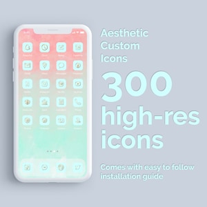 May include: A mockup of a smartphone screen with a pink and blue gradient background. The screen displays a grid of app icons with gold outlines. The text "Aesthetic Custom Icons 300 high-res icons" is displayed in a light blue font on a white background. The text "Comes with easy to follow installation guide" is displayed in a smaller font below the larger text.