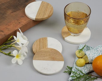 Coaster Set of 4 | Marble Tea Coaster  Home Serve ware Kitchenware  Natural White Marble Wood Bras Drink  Barware Coaster Dining Table Decor