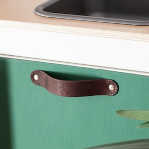 ikea duktig cork handles, ikea duktig makeover, ikea duktig cork pulls, duktig play kitchen handles, cork pulls for ikea duktig, cork handle