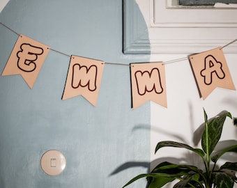 Kwekerij bunting gepersonaliseerd, lederen banner, lederen bunting, gepersonaliseerde kinderkamer wand decor, gepersonaliseerde kinderkamer decor, lederen wimpel