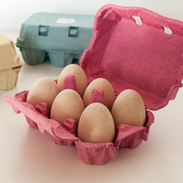 6 wooden eggs in carton, wooden eggs, wooden easter eggs, wooden easter decor, wooden eggs toys, montessori easter toys, wood easter eggs