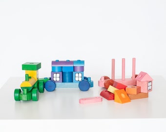 Ensemble de train en bois fait à la main, jouet éducatif en bois, jouets en bois Montessori, jouets éducatifs pour 2 ans, jouets éducatifs pour 3 ans