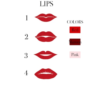May include: Four different lip shapes with numbers 1 through 4 next to them. The lips are red, maroon, and pink. The word "LIPS" is at the top of the image. The word "COLORS" is on the right side of the image with the words "Red", "Maroon", and "Pink" below it.