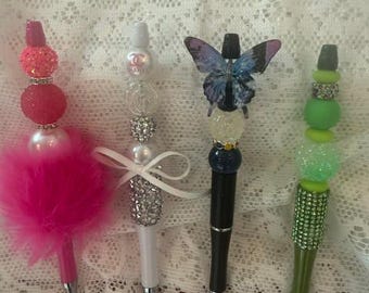 Bolígrafos con cuentas, mariposa de diamantes de imitación, rosa esponjoso, bolígrafos con lazo de perlas, bolígrafos únicos