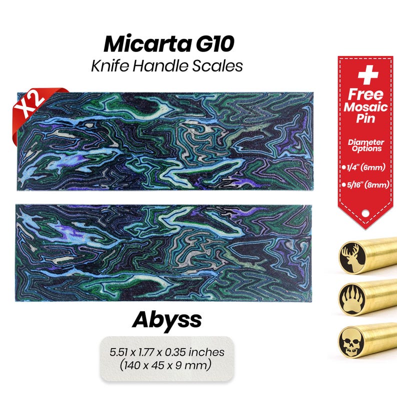 May include: Two green, blue, and black Micarta G10 knife handle scales with a swirling pattern. The scales are 5.51 inches by 1.77 inches by 0.35 inches. The scales are labeled "Abyss".