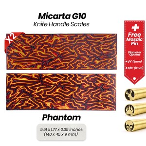 May include: Two red, yellow, and black Micarta G10 knife handle scales, labeled "Phantom", measuring 5.51 x 1.77 x 0.35 inches (140 x 45 x 9 mm).
