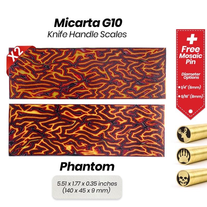 May include: Two red, yellow, and black Micarta G10 knife handle scales, labeled "Phantom", measuring 5.51 x 1.77 x 0.35 inches (140 x 45 x 9 mm).