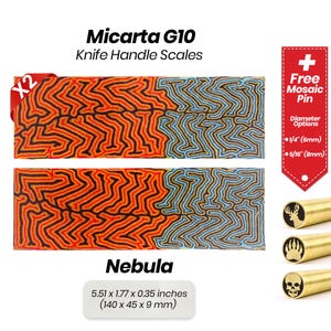 May include: Two sheets of orange and blue Micarta G10 knife handle scales with a Nebula pattern. The scales are 5.51 x 1.77 x 0.35 inches (140 x 45 x 9 mm).