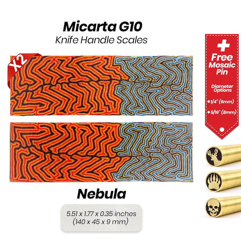 May include: Two sheets of orange and blue Micarta G10 knife handle scales with a Nebula pattern. The scales are 5.51 x 1.77 x 0.35 inches (140 x 45 x 9 mm).