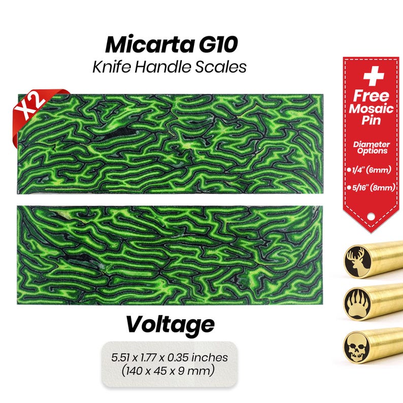 May include: Two green and black Micarta G10 knife handle scales, labeled "Voltage", measuring 5.51 x 1.77 x 0.35 inches (140 x 45 x 9 mm).