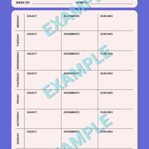 Peut inclure: Un modèle de plan d'étude hebdomadaire avec un intérieur rose clair et une bordure bleue. Le modèle comprend des sections pour la semaine, le mois, le sujet, les devoirs et les échéances. Le texte "WEEKLY STUDY PLAN" est en haut.