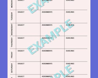 May include: A weekly study plan template with a light pink interior and a blue border. The template includes sections for the week of, month, subject, assignments, and deadlines. The text "WEEKLY STUDY PLAN" is at the top.