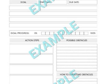May include: A white planner page with the text "GOAL ACTION plan" at the top. The planner includes sections for goals, start and due dates, action steps, possible obstacles, and how to overcome them. A progress bar is also included.