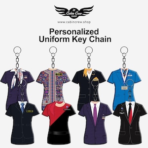May include: Six different keychain designs featuring personalized uniform styles for flight attendants. The keychains are made of metal and feature a variety of colors and designs, including blue, red, black, and white. The keychains are perfect for flight attendants or anyone who loves to travel.