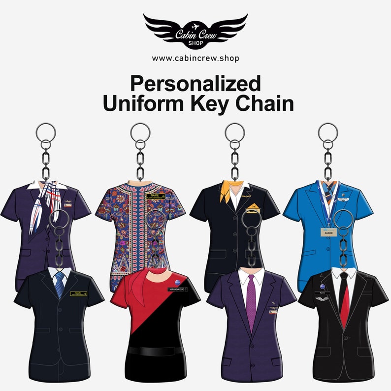 May include: Six different keychain designs featuring personalized uniform styles for flight attendants. The keychains are made of metal and feature a variety of colors and designs, including blue, red, black, and white. The keychains are perfect for flight attendants or anyone who loves to travel.