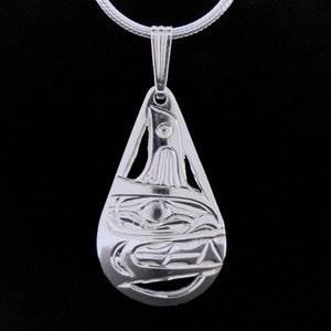 Canadian First Nations, Hand Carved Sterling Silver Teardrop Orca Pendant, West Coast Native Jewellery, Kwakwaka&#39;wakw