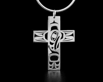Canadian First Nations, Sterling Silver Pierced Raven Cross Mini Pendant, Indigenous Native Jewellery, Tahltan Nation