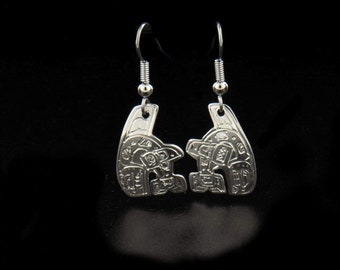 Canadian First Nations, Hand Carved Sterling Silver Orca Shaped Earrings, Indigenous Native Jewellery, Coast Salish