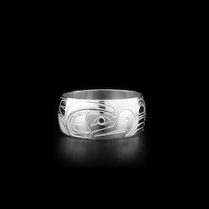 Kanadensiska First Nations, handskuren Thunderbird 3/8" silverring, smycken med ursprungsbefolkningen, Coast Salish