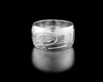 Canadian First Nations, Hand Carved Sterling Silver 3/8" Eagle Ring, Indigenous Native Jewellery, Coast Salish