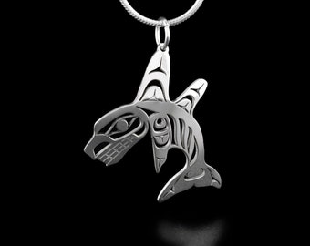 Canadian First Nations, Sterling Silver Mini Double Fin Orca Pendant, Indigenous Native Jewellery, Tahltan Nation