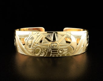 Canadian First Nations, Hand Carved 14K Gold 3/4" Otter Cuff Bracelet, Indigenous Native Jewellery, Kwakwaka'wakw