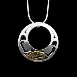 Canadian First Nations, 14K Gold and Sterling Silver Cut Out Offset Eagle Pendant, Indigenous Native Jewellery, Tahltan Nation