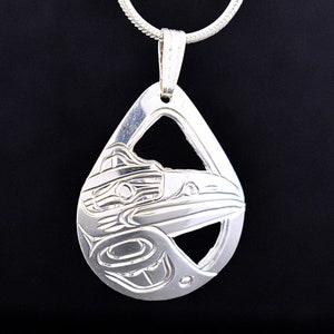 Canadian First Nations, Hand Carved Sterling Silver Pear Shaped Raven Pendant, Indigenous Native Jewellery, Kwakwaka&#39;wakw