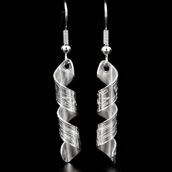 Canadian First Nations, Hand Carved Sterling Silver Spiral 2" Bear Earrings, Indigenous Native Jewellery, Coast Salish