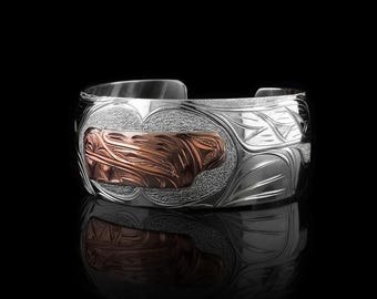 Canadian First Nations, Hand Carved Wide 1" Bear Silver and Copper Bracelet, Indigenous Native Jewellery, Kwakwaka'wakw