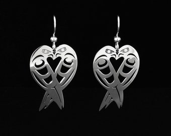 West Coast Native, Cutout Sterling Silver Lovebird Earrings, Indigenous Native Jewellery, Tahltan Nation