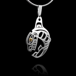 Canadian First Nations, Cutout Silver and Gold Cresting Orca Pendant, Indigenous Native Jewellery, Tahltan Nation