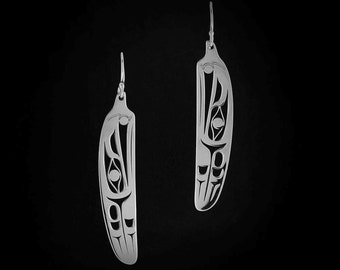 Canadian First Nations, Cutout Sterling Silver Raven Feather Earrings, Indigenous Native Jewellery, Tahltan Nation