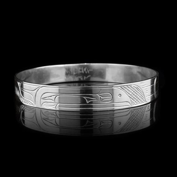 Northwest Coast Indigenous, Hand Carved Raven Silver Bangle