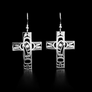Kanadische Indianer, Sterlingsilber Raven Cross Ohrringe, Schmuck der Ureinwohner, Tahltan Nation