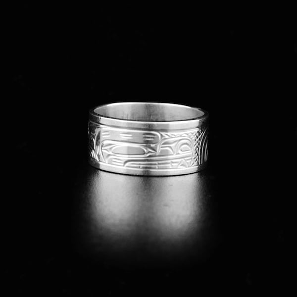 Canadian First Nations, Hand Carved Sterling Silver 3/8" Bear Ring, Indigenous Native Jewellery, Kwakwaka'wakw