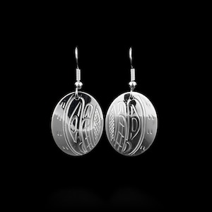 Canadian First Nations, Hand Carved Oval Orca Silver Dangle Earrings, Indigenous Native Jewellery, Kwakwaka&#39;wakw