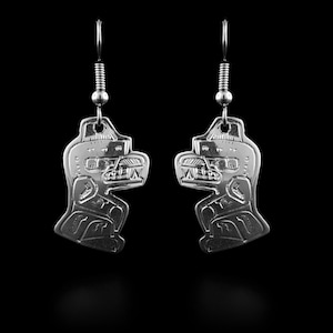 Canadian First Nations, Hand Carved Sterling Silver Cutout Bear Dangle Earrings, Indigenous Native Jewellery, Coast Salish