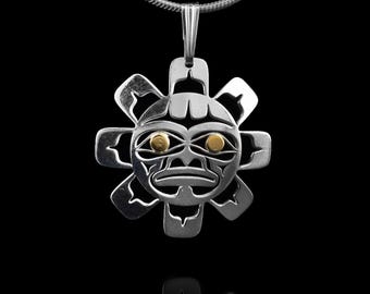 Canadian First Nations, Silver and 14k Gold Mini Sun Pendant, Indigenous Native Jewellery, Tahltan Nation