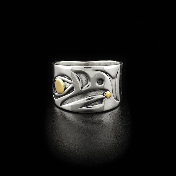 Canadian First Nations, 14K Gold and Sterling Silver Raven Ring, Indigenous Native Jewellery, Taltan Nation