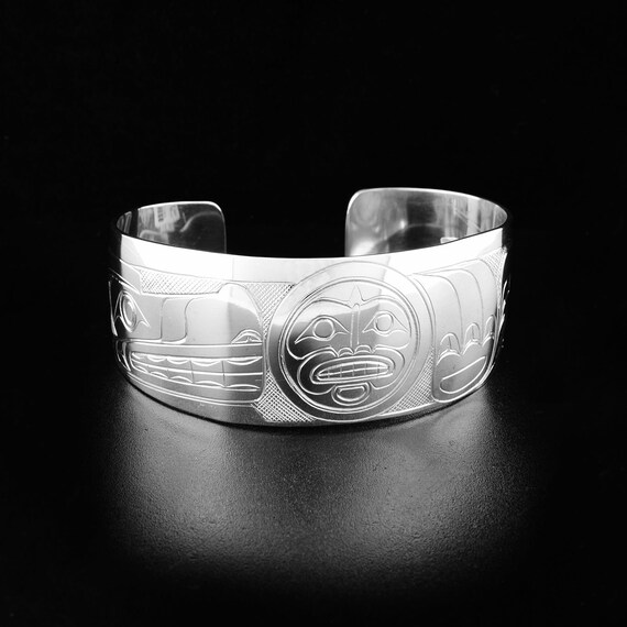 Northwest Coast First Nations Hand Carved Sterling Silver 1 Wolf and Moon Cuff Bracelet Indigenous Jewellery Coast Salish Etsy Ireland