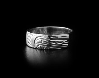 West Coast Native, Hand Carved Heavy Gauge 1/4" Sterling Silver Bear Ring, First Nations Jewellery, Kwakwaka'wakw