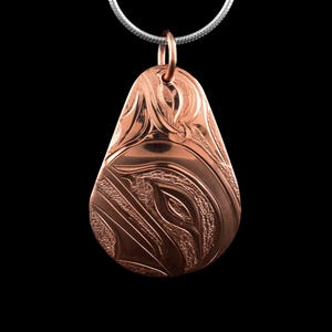 Canadian First Nations, Hand Carved Wide Teardrop Copper Orca Pendant, Indigenous Native Jewellery, Kwakwaka&#39;wakw