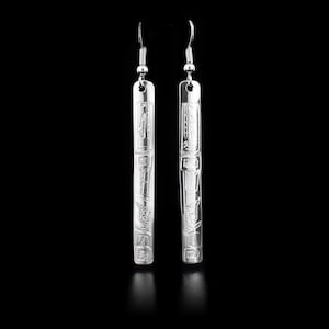 Canadian First Nations, Hand Carved Sterling Silver Long Orca Earrings, Indigenous Native Jewellery, Coast Salish