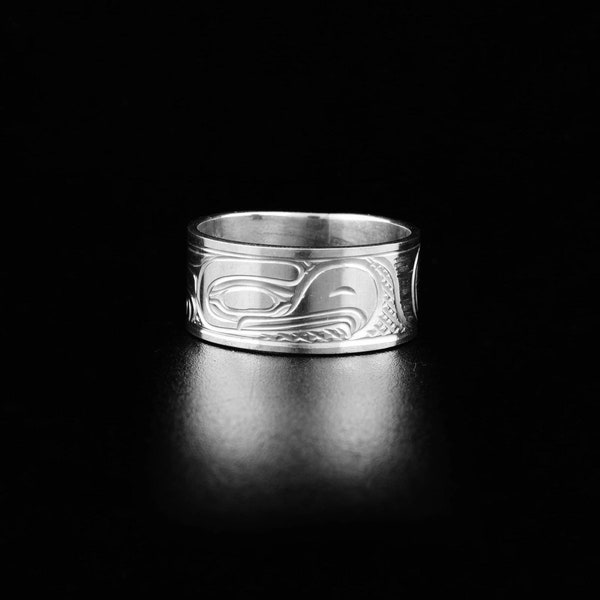 Canadian First Nations, Hand Carved Sterling Silver 3/8" Eagle Ring, Indigenous Native Jewellery, Kwakwaka'wakw