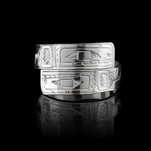 Canadian First Nations, Hand Carved Sterling Silver 1/4&quot; Wrap Double Orca Ring, Indigenous Native Jewellery, Coast Salish
