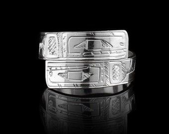 Canadian First Nations, handgesneden sterlingzilver 1/4" wrap dubbele orca-ring, inheemse inheemse sieraden, Coast Salish